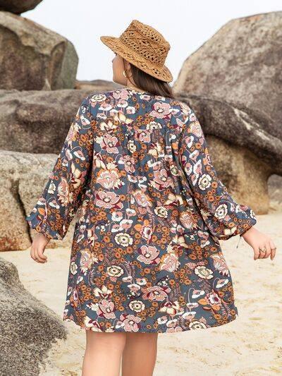 Plus Size Printed V-Neck Balloon Sleeve Mini Dress - Clothes For Her Online Store