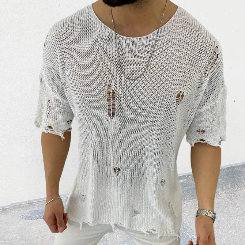 Men's Distressed Round Neck Knit Top - Clothes For Her Online Store