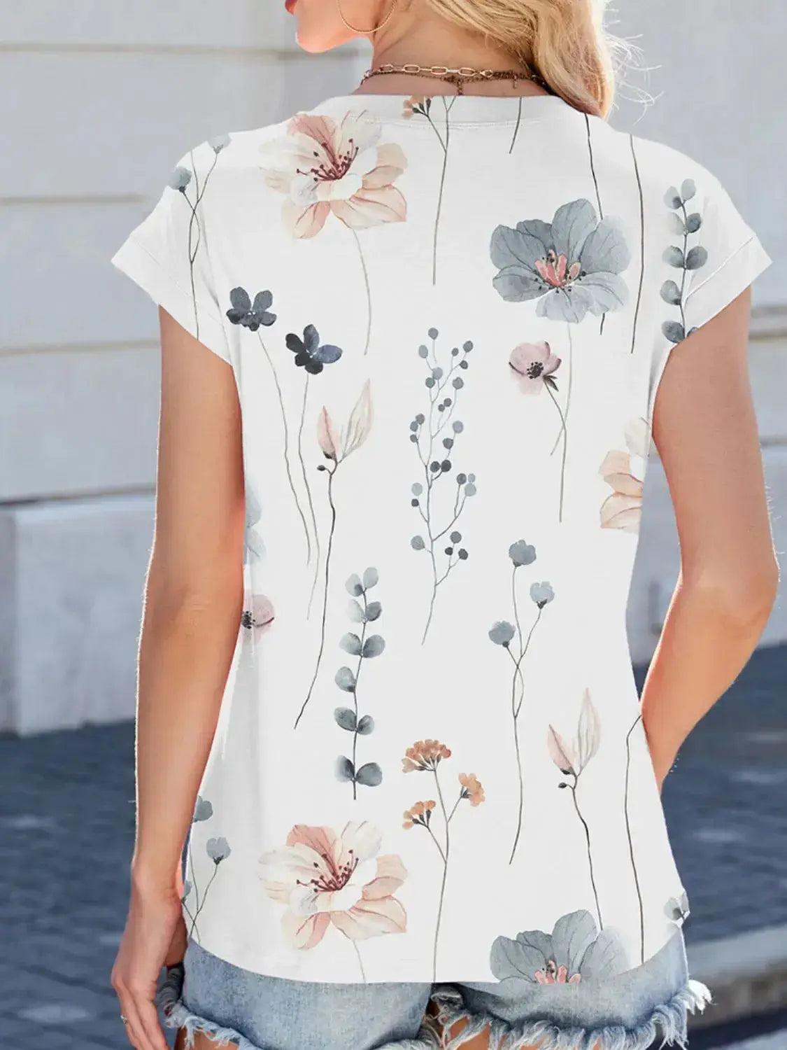 Printed Round Neck Cap Sleeve Top - Clothes For Her Online Store