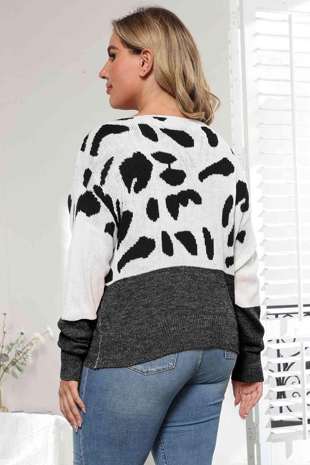 Plus Size Leopard Round Neck Long Sleeve Sweater - Clothes For Her Online Store
