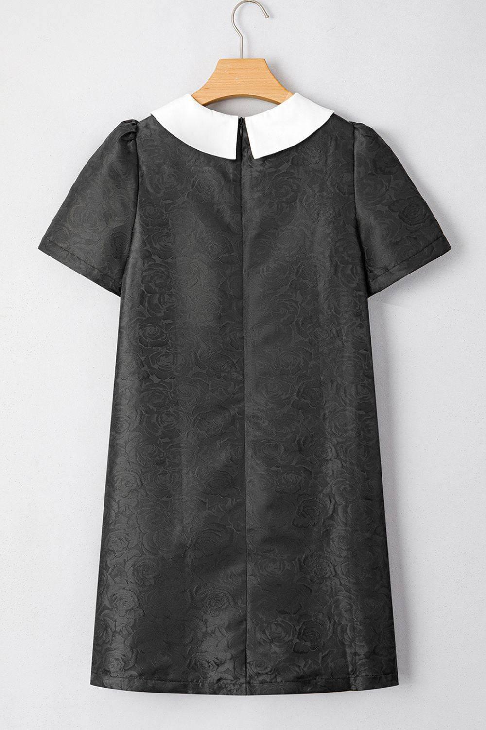 Floral Embossed Puff Sleeve Colorblock Bow Collared Mini Dress - Clothes For Her Online Store