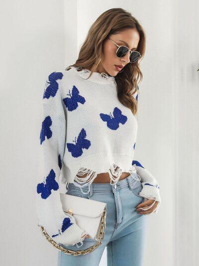 Distressed Butterfly Cropped Sweater - Clothes For Her Online Store