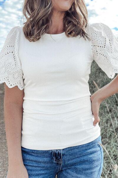 Eyelet Short Sleeve Patchwork Ribbed Top - Clothes For Her Online Store