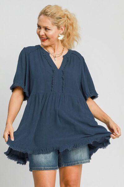 Umgee Full Size Raw Hem Notched Babydoll Linen Blouse Plus Size - Clothes For Her Online Store