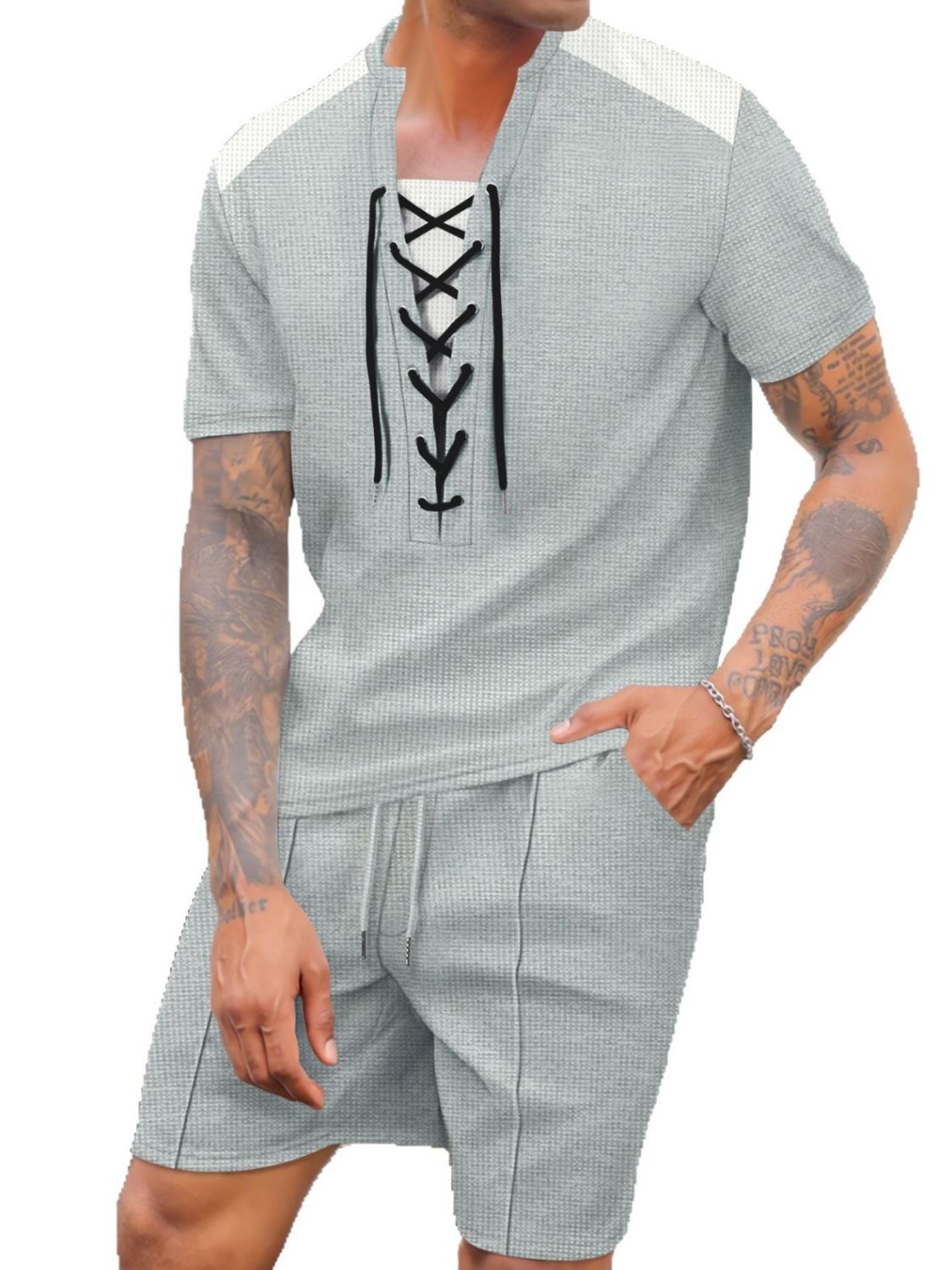 Men's Full Size Lace-Up Waffle Knit Top and Shorts Set Plus Size - Clothes For Her Online Store
