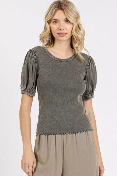 Mittoshop Mineral Wash Puff Sleeve Rib Knit Top - Clothes For Her Online Store