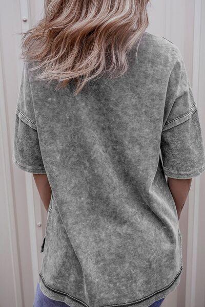 Mineral Wash Drop Shoulder Round Neck T-Shirt - Clothes For Her Online Store