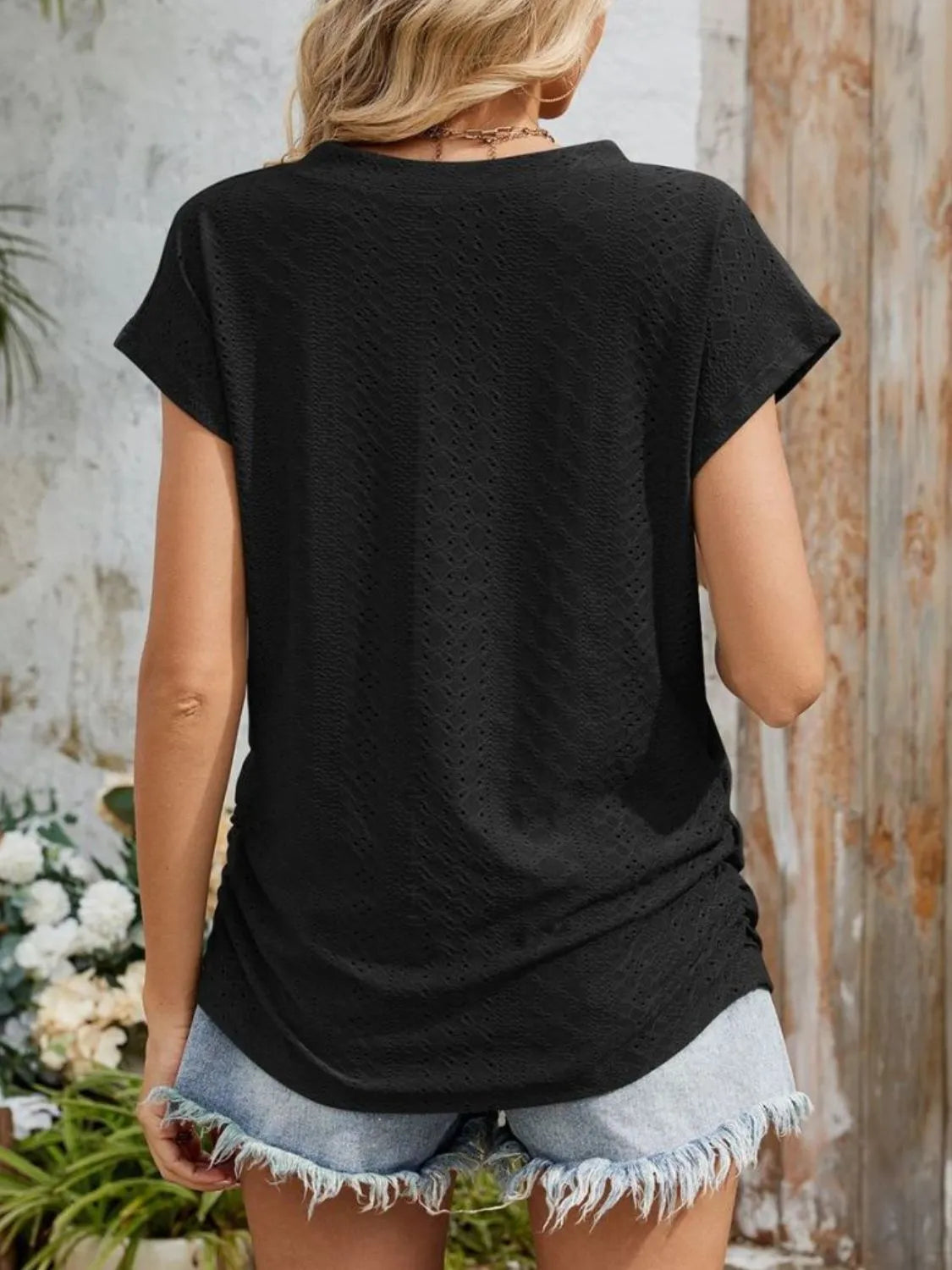 Eyelet V-Neck Short Sleeve Top - Clothes For Her Online Store