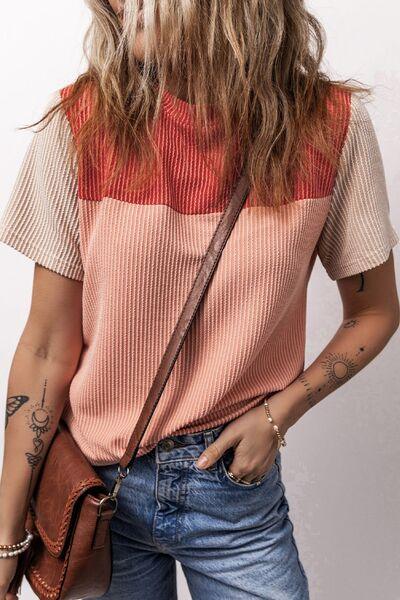 Color Block Round Neck Short Sleeve T-Shirt - Clothes For Her Online Store