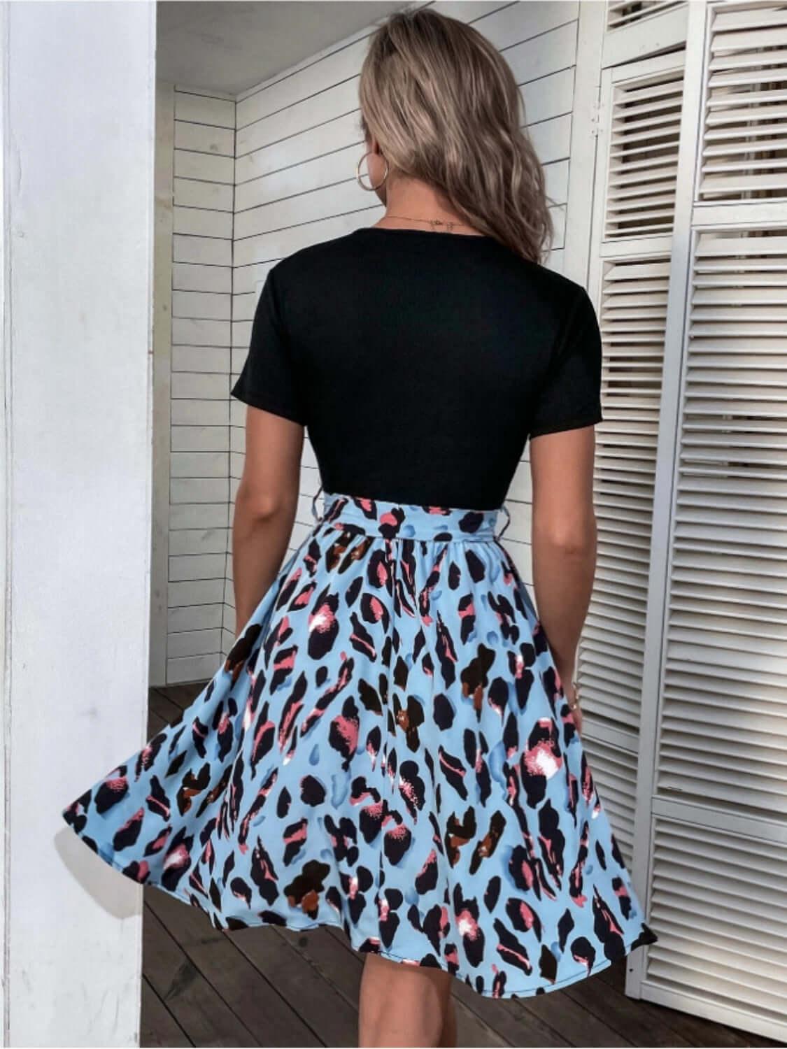 Tied Front Contrast Leopard Short Sleeve Mini Dress - Clothes For Her Online Store