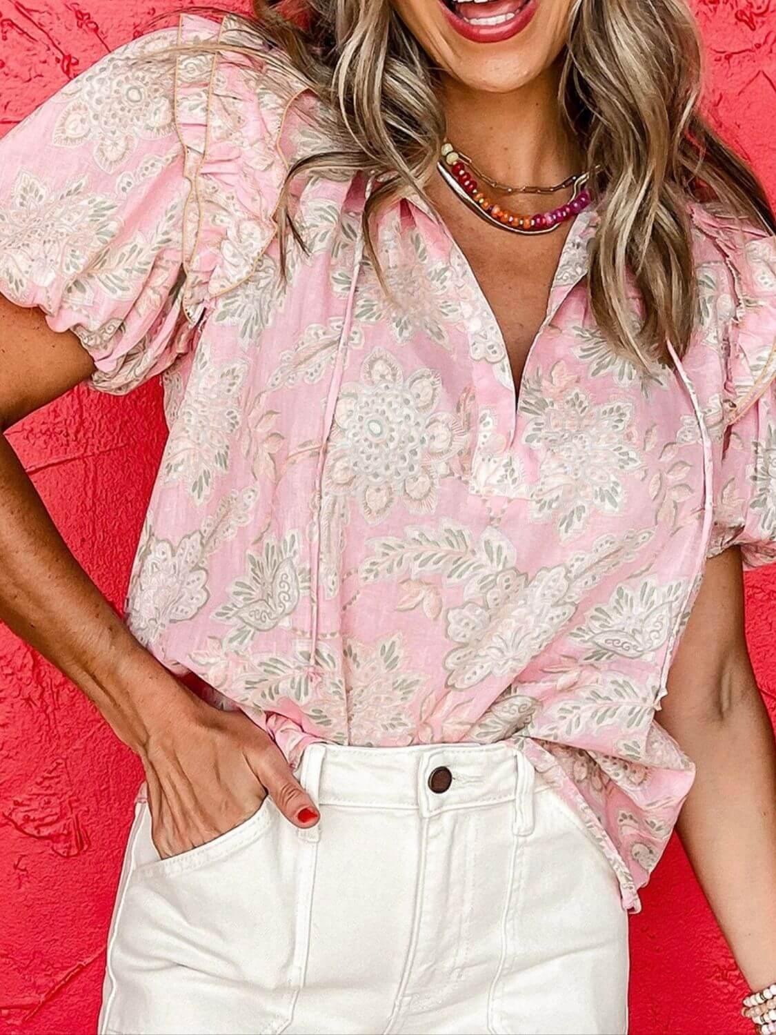 Floral Tie Neck Puff Sleeve Blouse - Clothes For Her Online Store