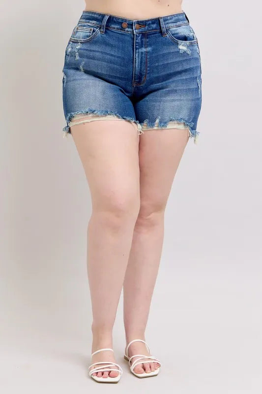 Judy Blue Plus Size 2 Button Dad Shorts with Destrroy