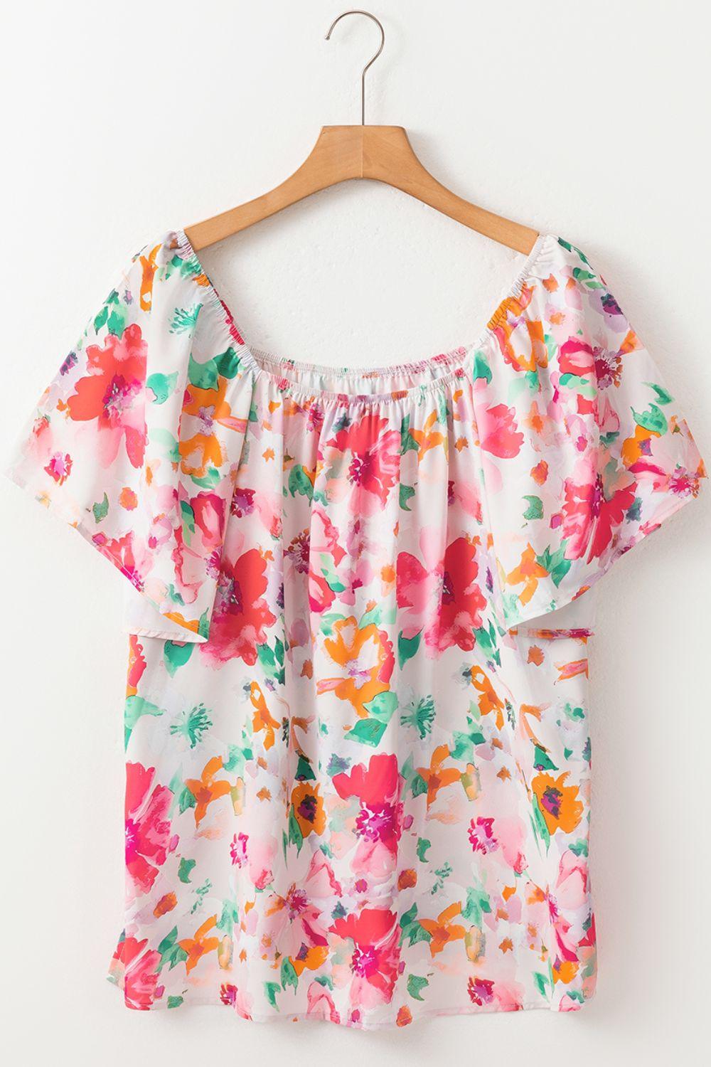 Floral Square Neck Ruffle Sleeve Blouse - Clothes For Her Online Store