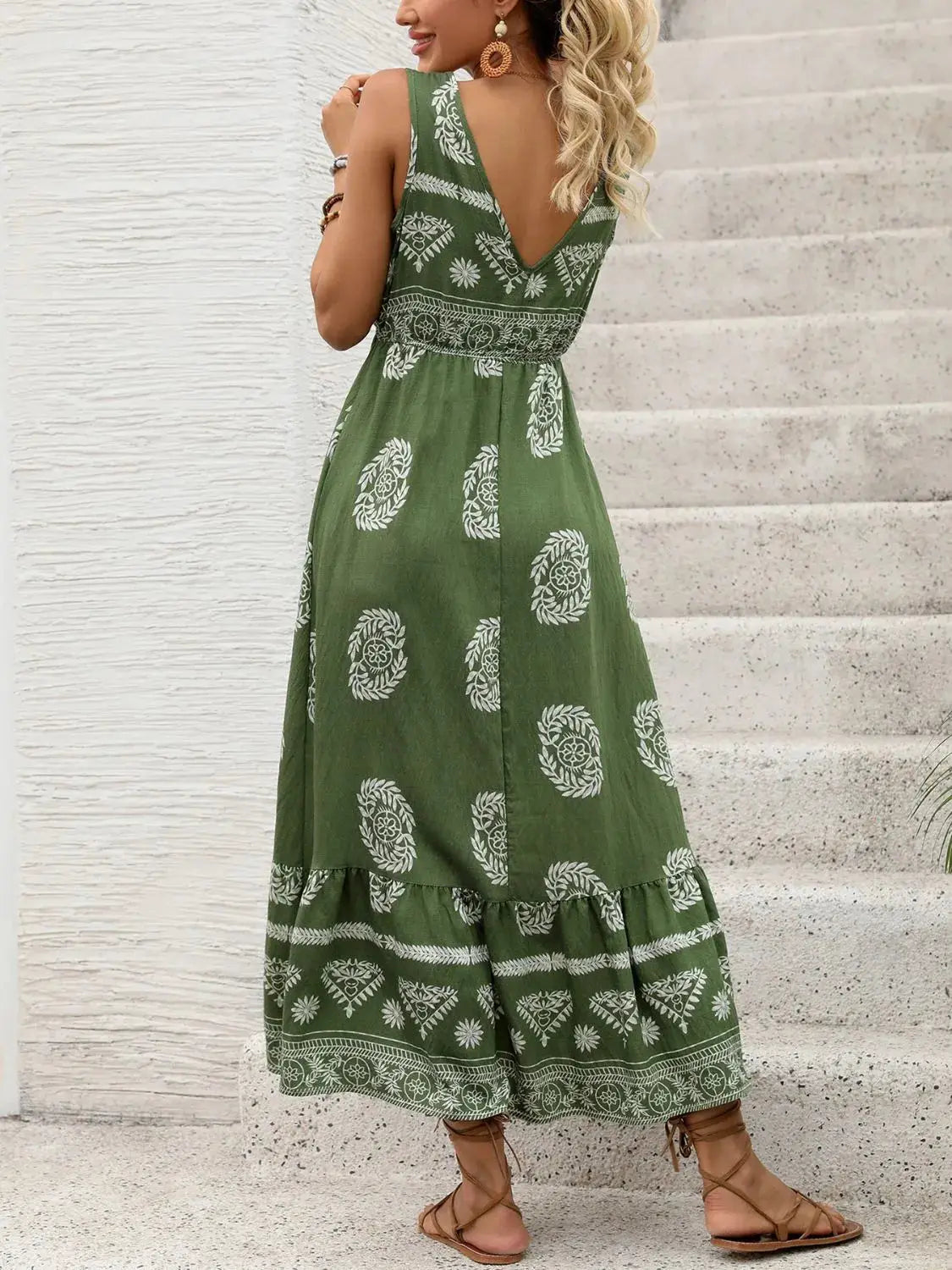 Printed V-Neck Sleeveless Dress - Clothes For Her Online Store