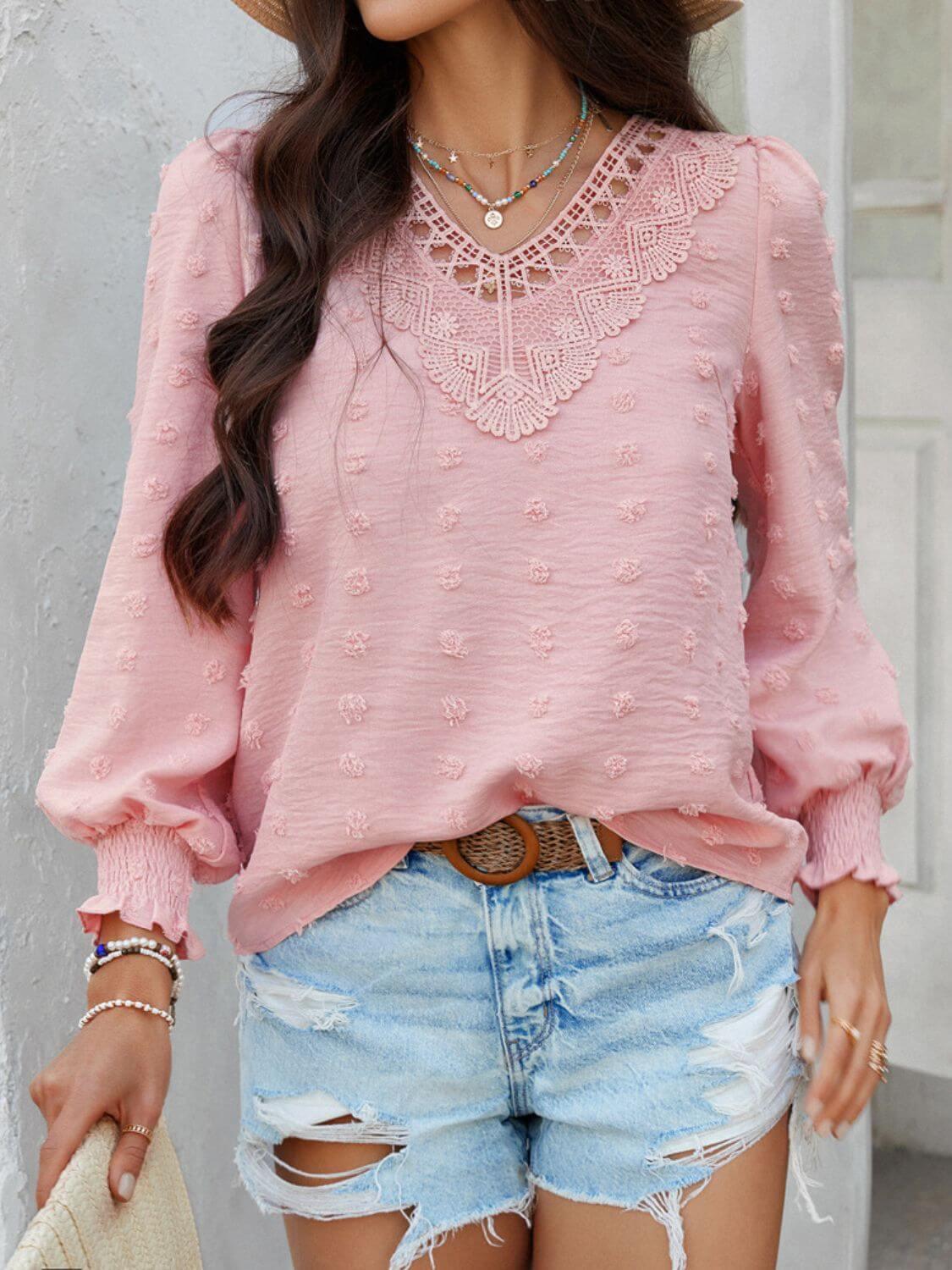 Devine Swiss Dot Lace Detail V-Neck Long Sleeve Blouse - Clothes For Her Online Store