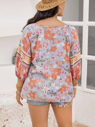 Plus Size Printed Tie Neck Balloon Sleeve Blouse - Clothes For Her Online Store