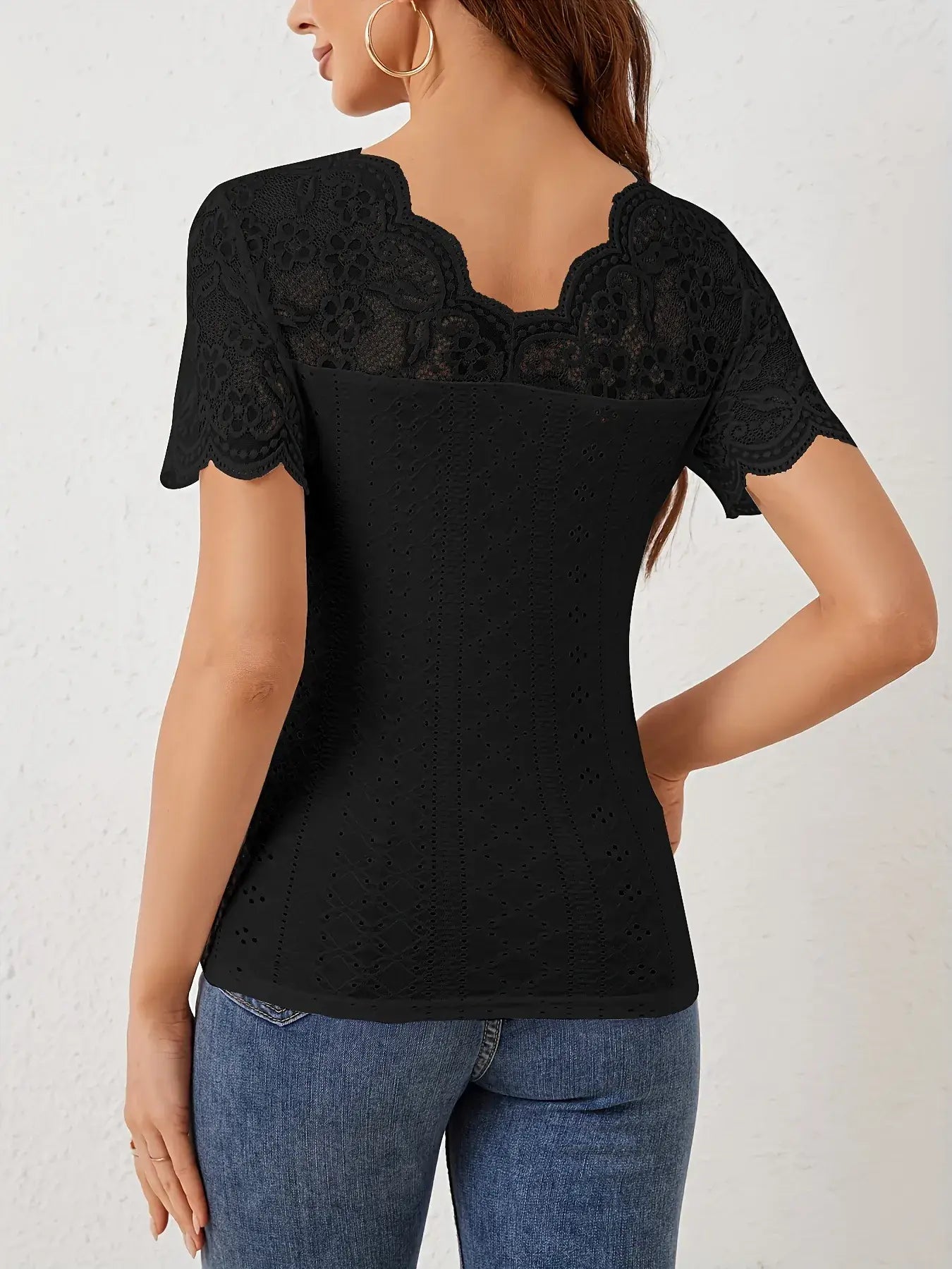 Lace Trim Eyelet Embroidered Summer T-Shirt