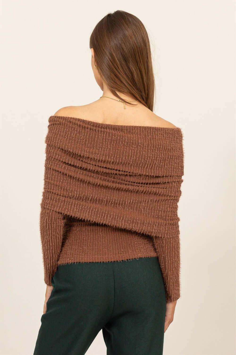 HYFVE Fuzzy Off Shoulder Textured Knit Top - Clothes For Her Online Store