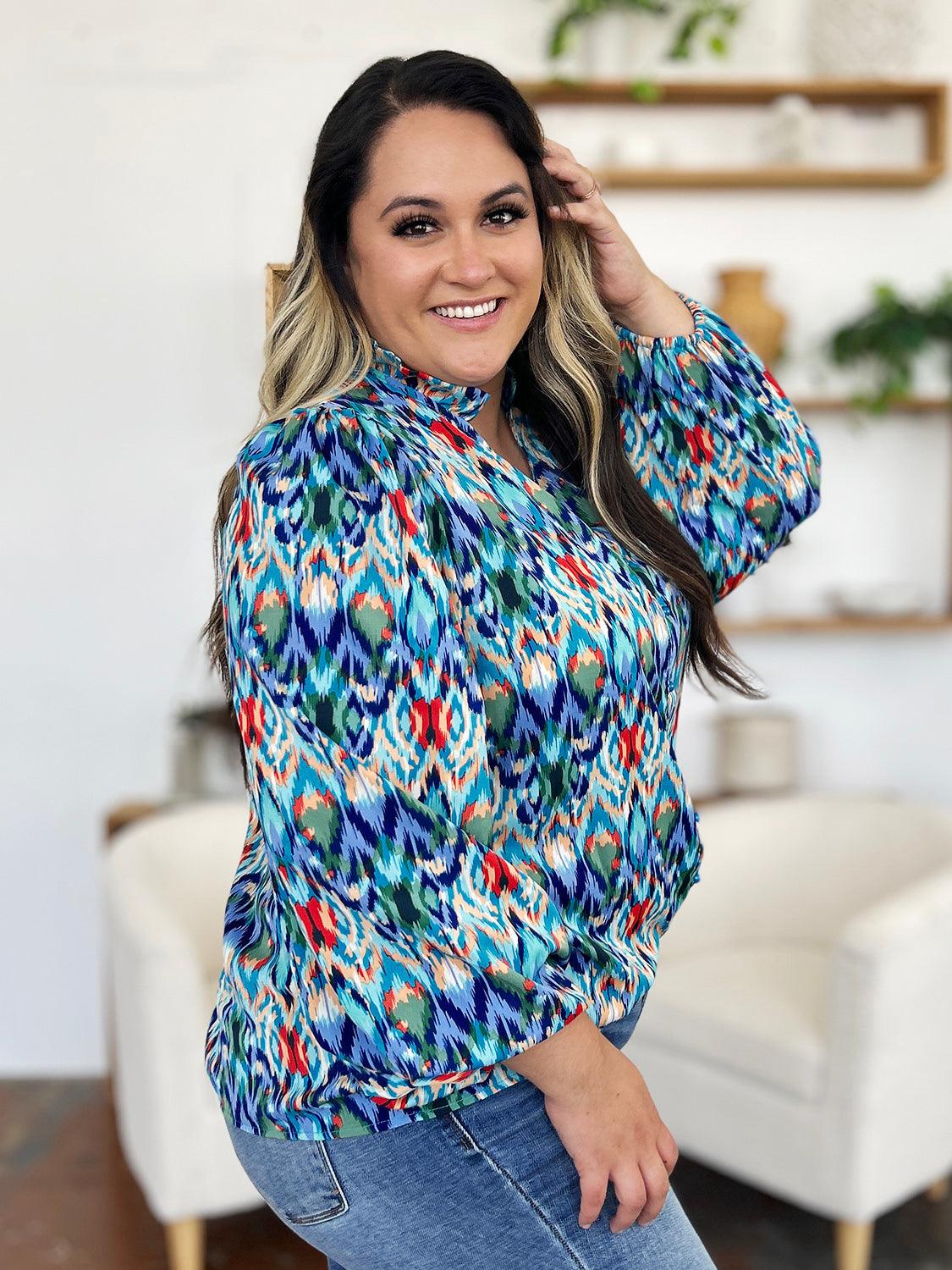Double Take Full Size Printed Balloon Sleeve Blouse - Clothes For Her Online Store