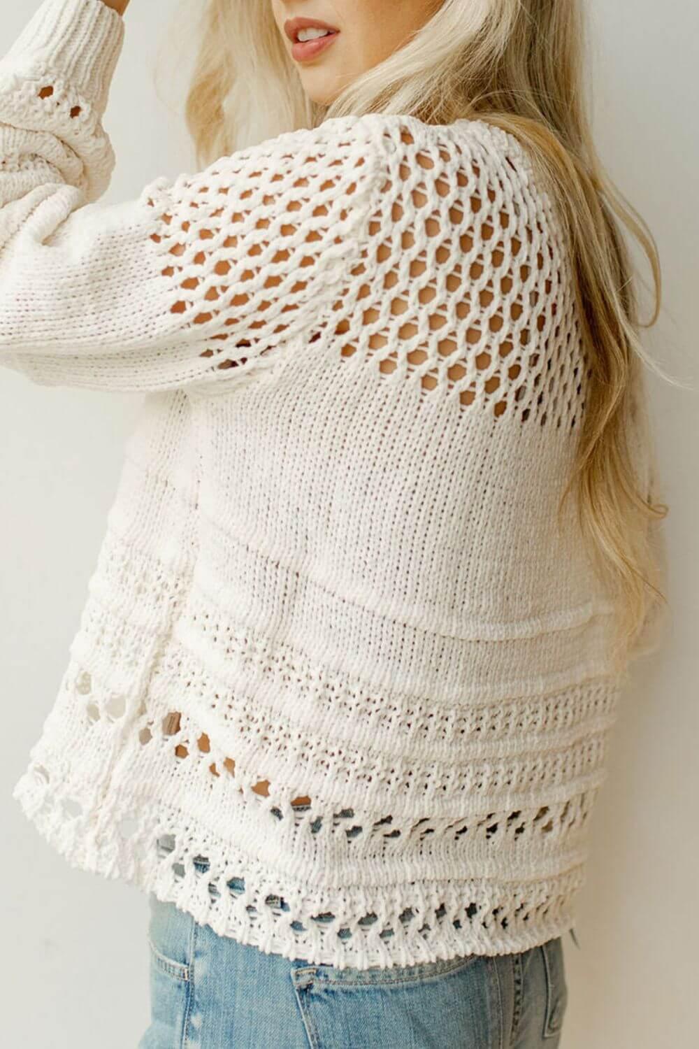 Pointelle Knit Puff Sleeve Sweater - Clothes For Her Online Store