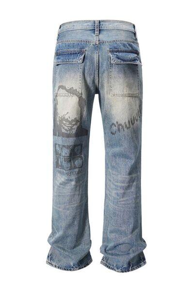 Men's Distressed Detail Printed Baggy Jeans - Clothes For Her Online Store