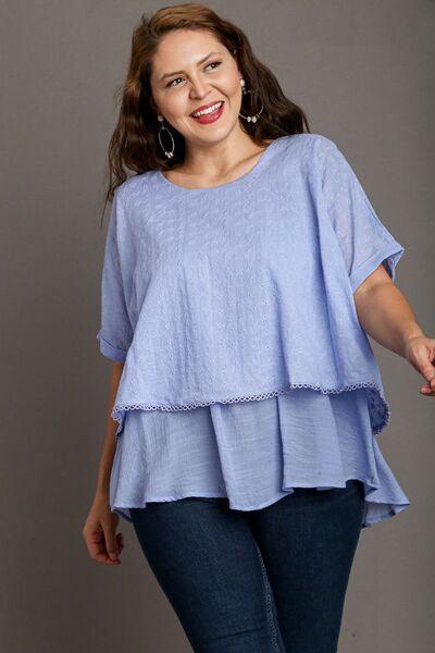 Umgee Full Size Eyelet Layered Short Sleeve Blouse Plus Size - Clothes For Her Online Store