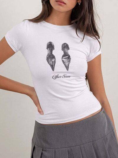 Letter Round Neck Short Sleeve T-Shirt - Clothes For Her Online Store