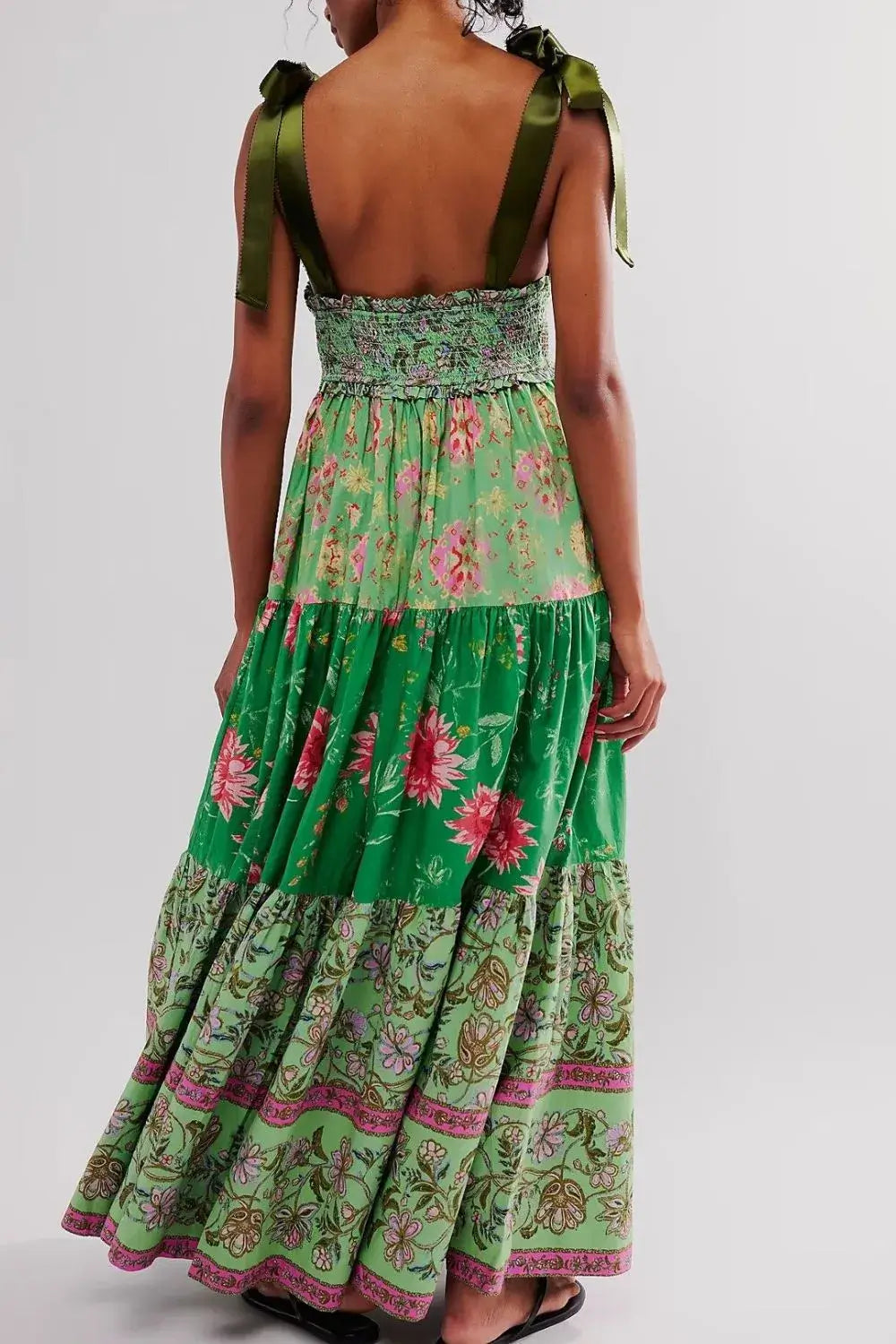 Floral Tiered Maxi Dress with Mixed Print Design