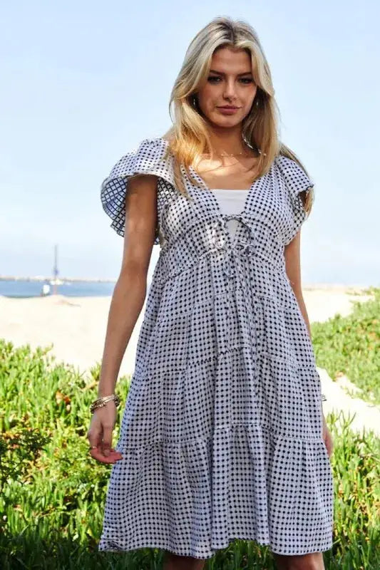 Davi & Dani Jacquard V-Neck Flutter Cap Sleeve Tiered Dress - Clothes For Her Online Store