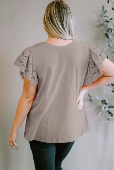 Plus Size Eyelet Round Neck Short Sleeve Blouse - Clothes For Her Online Store