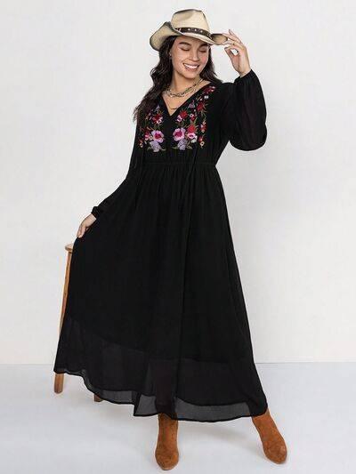 Plus Size Embroidered Tie Neck Long Sleeve Dress - Clothes For Her Online Store