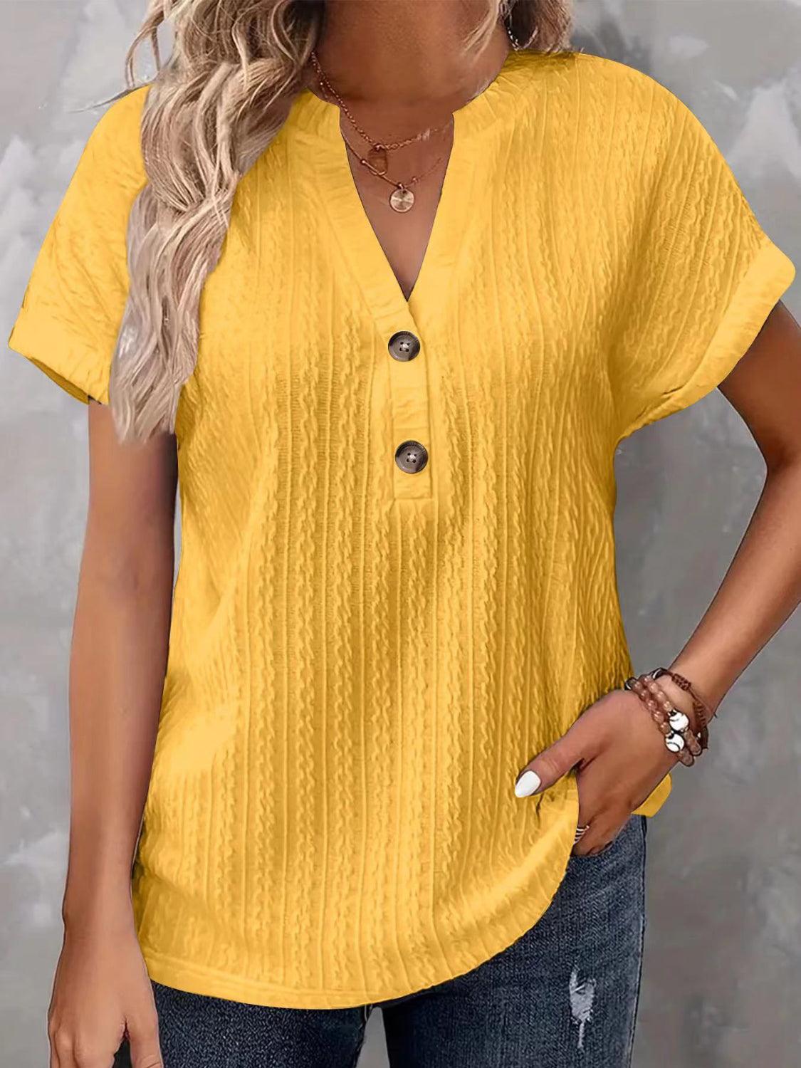 Textured Notched Short Sleeve Top - Clothes For Her Online Store