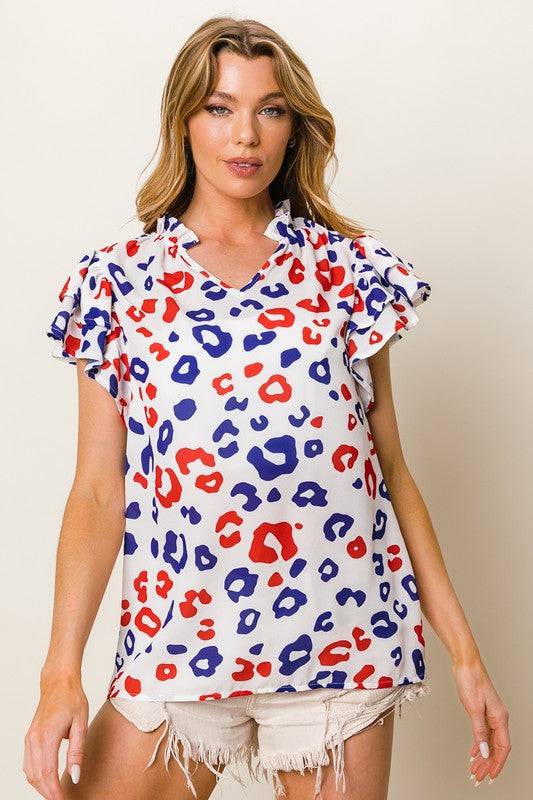 BiBi Leopard Notched Ruffled Cap Sleeve Blouse - Clothes For Her Online Store