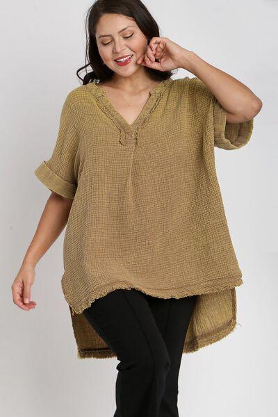 Umgee Full Size Side Slit Notched Mineral Wash Gauze Fabric Top Plus Size - Clothes For Her Online Store