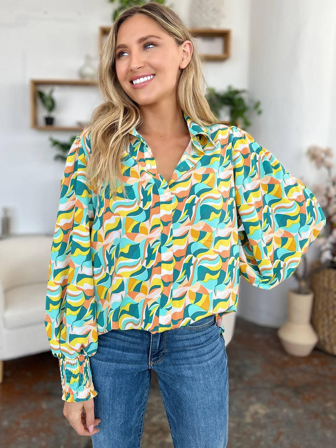 Double Take Full Size Printed Smocked Long Sleeve Blouse - Clothes For Her Online Store