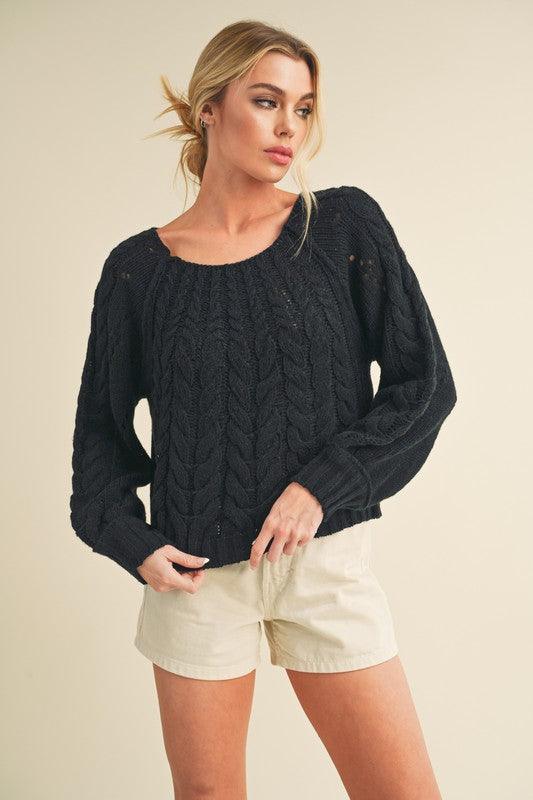 Aemi + Co Cable-Knit Openwork Round Neck Sweater - Clothes For Her Online Store