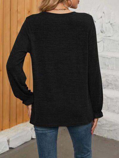Ruched Round Neck Long Sleeve T-Shirt - Clothes For Her Online Store