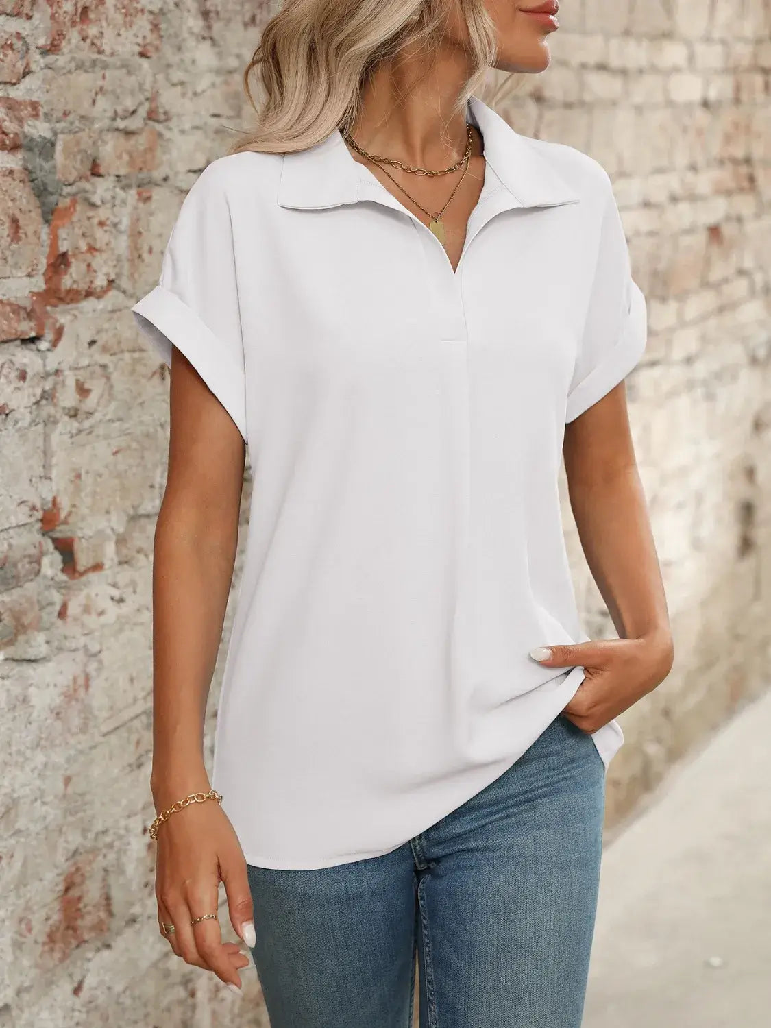 Collared Neck Short Sleeve Blouse