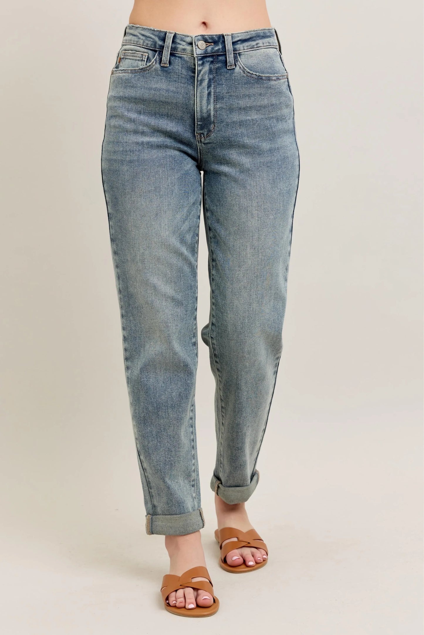 Judy Blue Full Size Hw Vintage Wash Double Roll Cuff Bf Jeans Plus Size