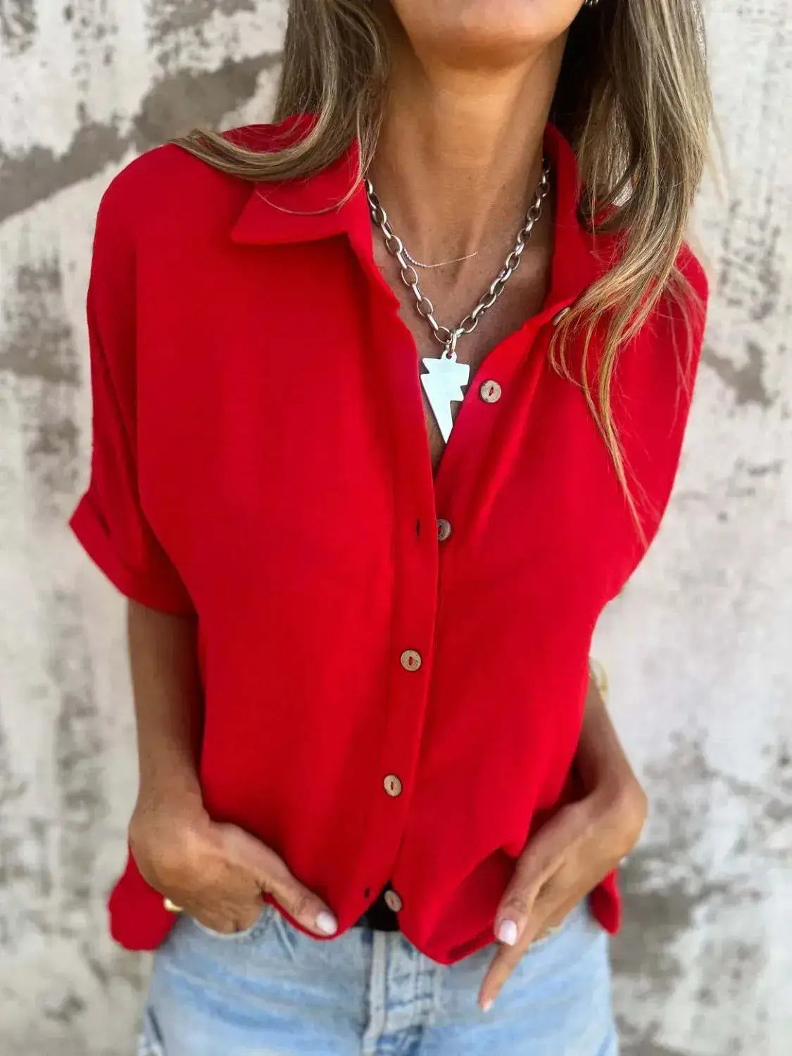 Full Size Collared Neck Half Sleeve Shirt Plus Size - Clothes For Her Online Store
