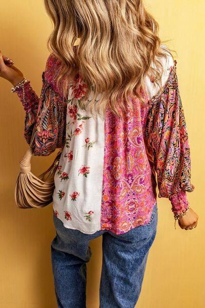 Plus Size Frill Printed V-Neck Long Sleeve Blouse - Clothes For Her Online Store