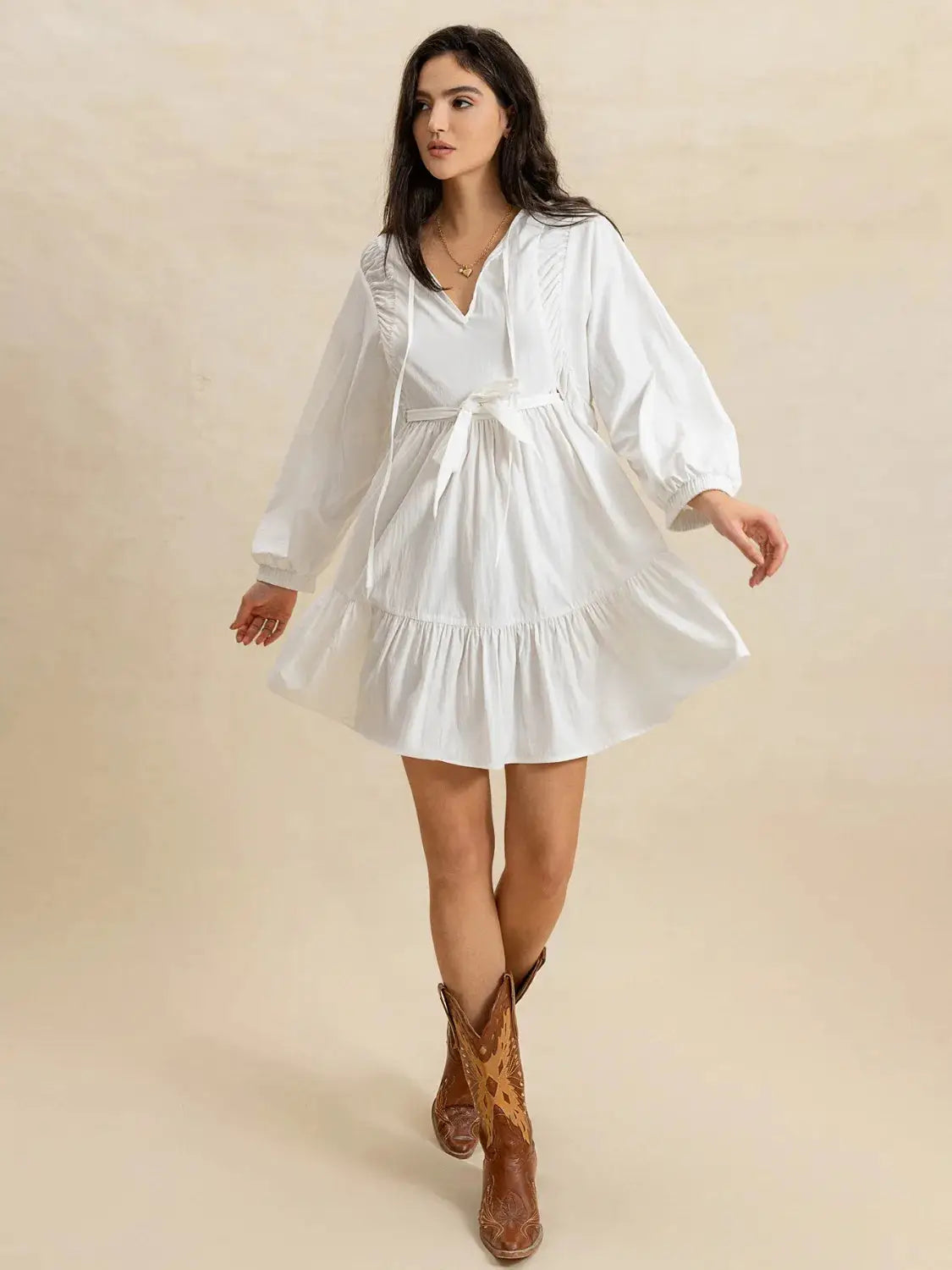Tiered Tie Neck Long Sleeve Mini Dress - Clothes For Her Online Store