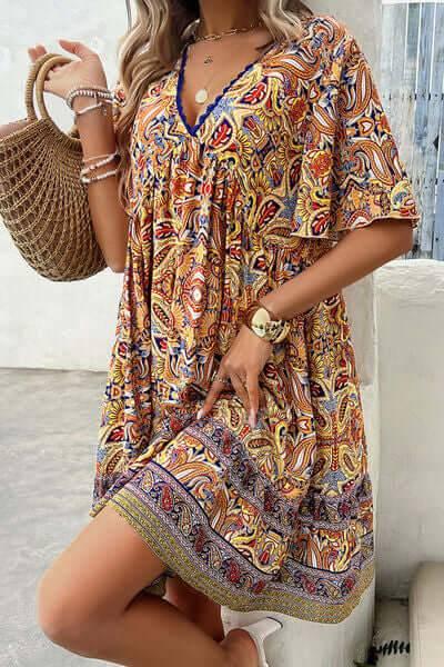 Devine Printed V-Neck Half Sleeve Mini Dress - Clothes For Her Online Store