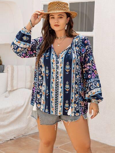 Plus Size Tie Neck Tassel Printed Blouse - Clothes For Her Online Store