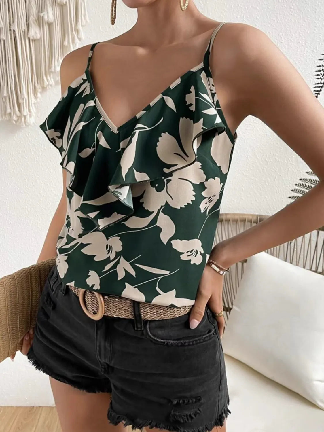 Ruffled Printed V-Neck Cami