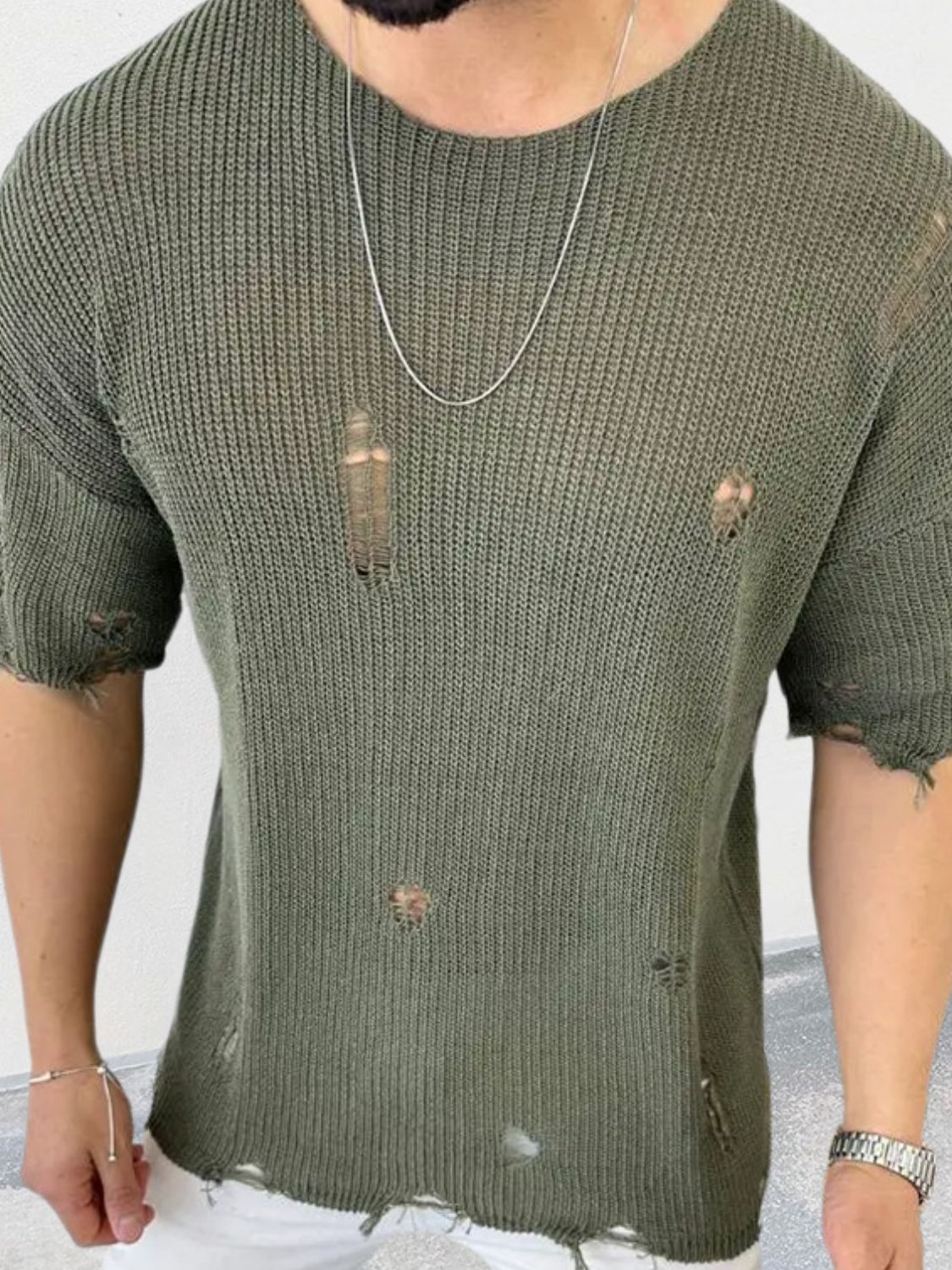 Men's Distressed Round Neck Knit Top - Clothes For Her Online Store