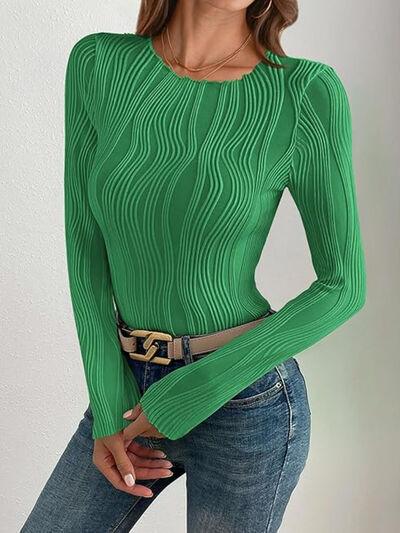 Textured Round Neck Long Sleeve Top - Clothes For Her Online Store