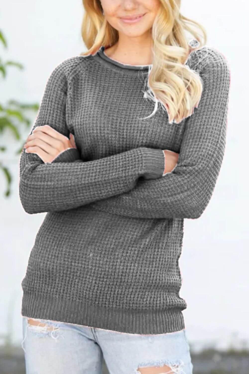 Round Neck Raglan Sleeve Sweater - Clothes For Her Online Store