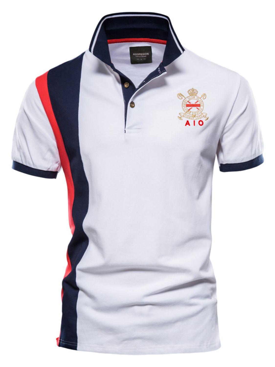 Men's Embroidered Collared Neck Striped Contrast Polo - Clothes For Her Online Store