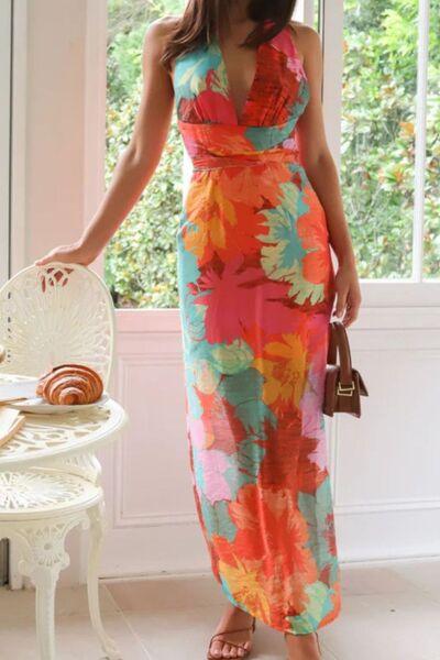 Split Crisscross Back Printed Plunge Maxi Dress - Clothes For Her Online Store